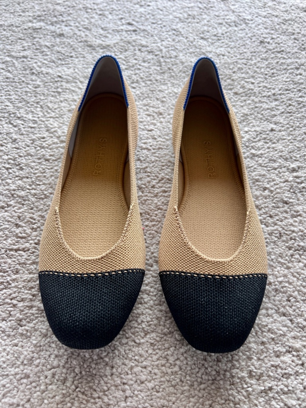 Rothy’s The Point Knit Flats Beige Black Cap Toe Blue Trim Size 9